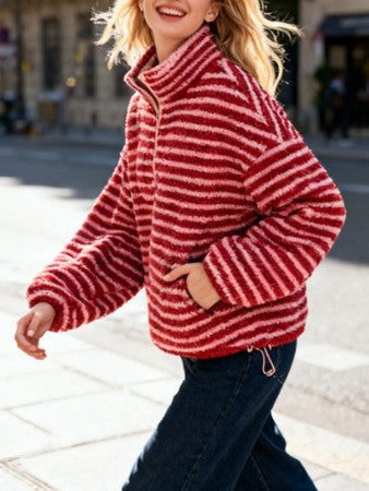 Striped Teddy Fleece Funnel Neck Pullover - Red - 6