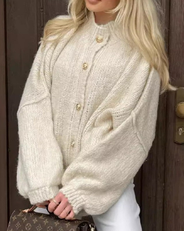 Chunky Knit Button Front Cardigan Jacket - Apricot - 1