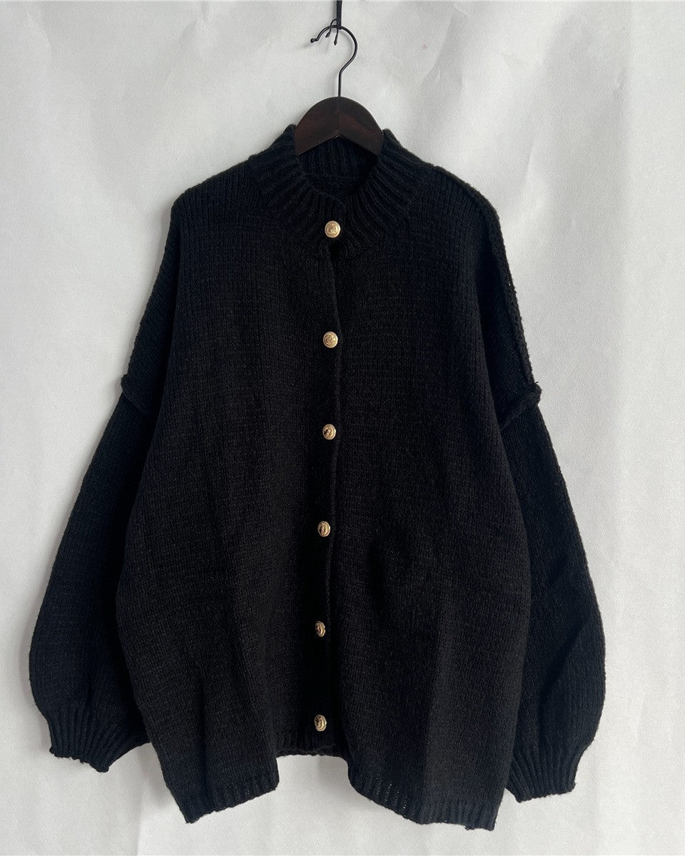Chunky Knit Button Front Cardigan Jacket - Black