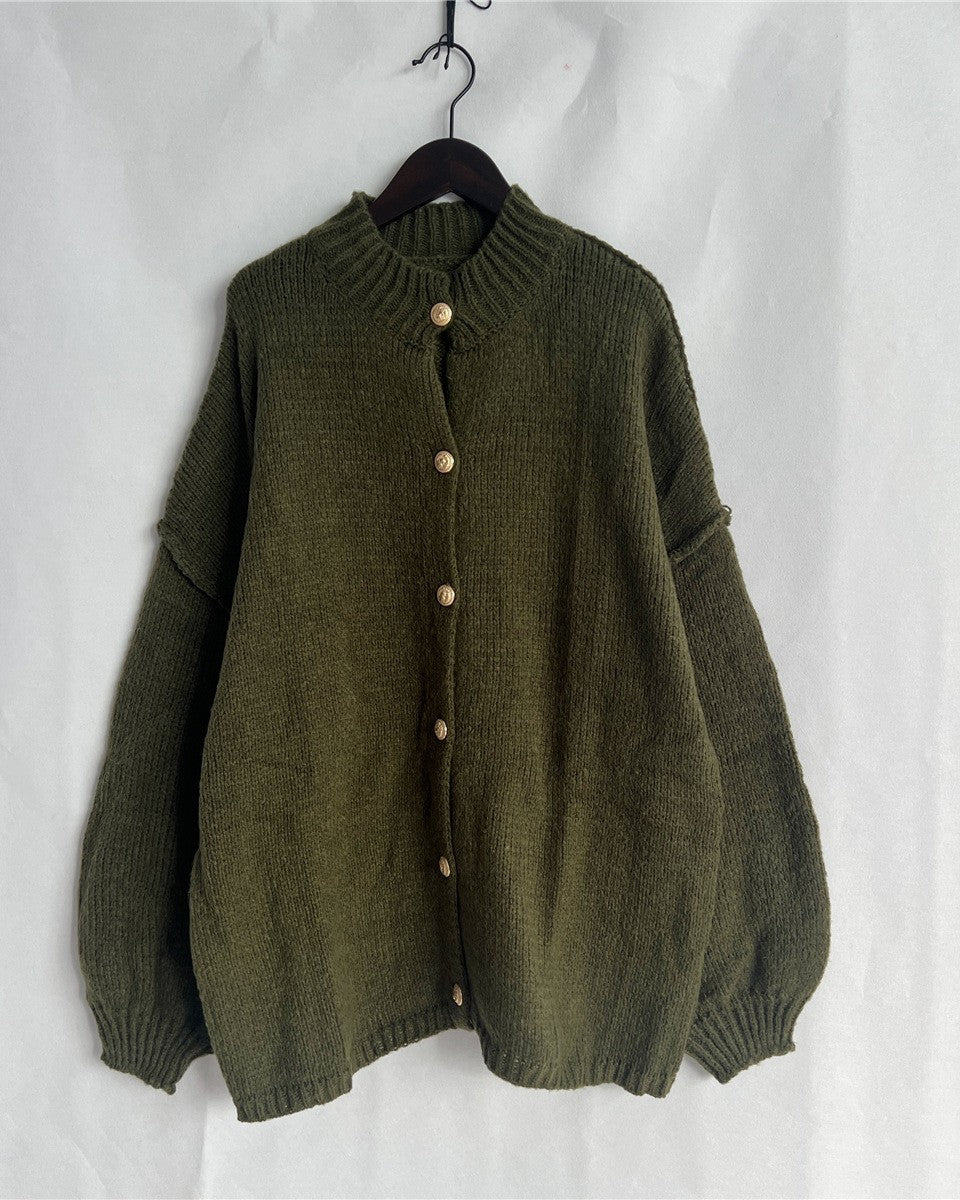 Chunky Knit Button Front Cardigan Jacket - Green