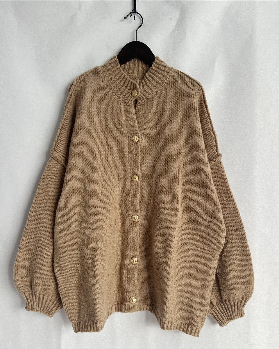 Chunky Knit Button Front Cardigan Jacket - Khaki