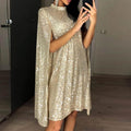 Sequin Cape Sleeve High Neck Swing Dress - Gold