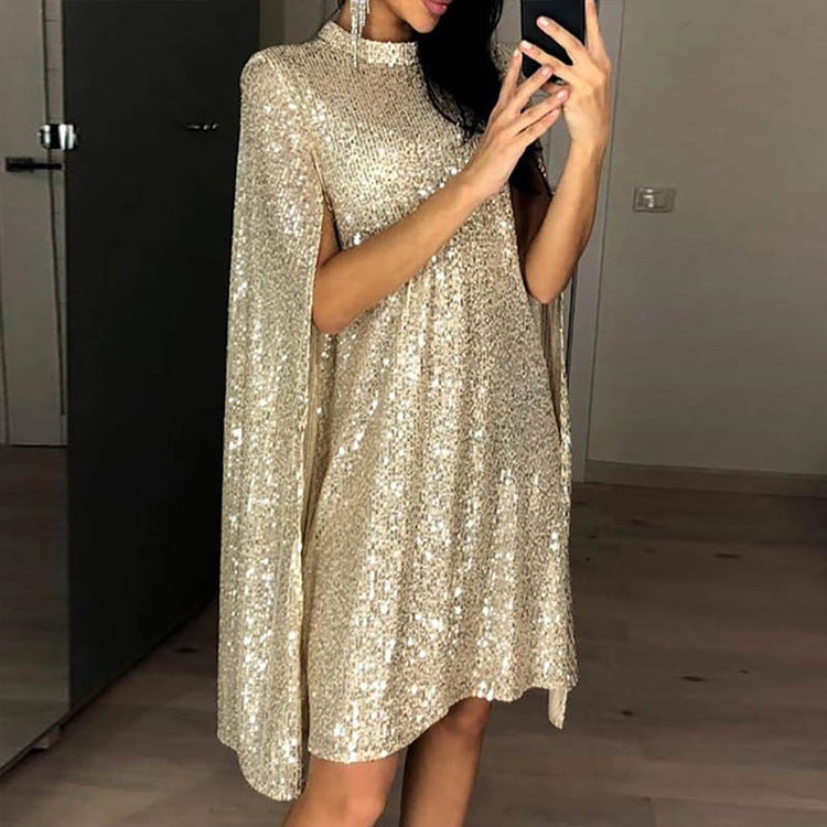 Sequin Cape Sleeve High Neck Swing Dress - Gold
