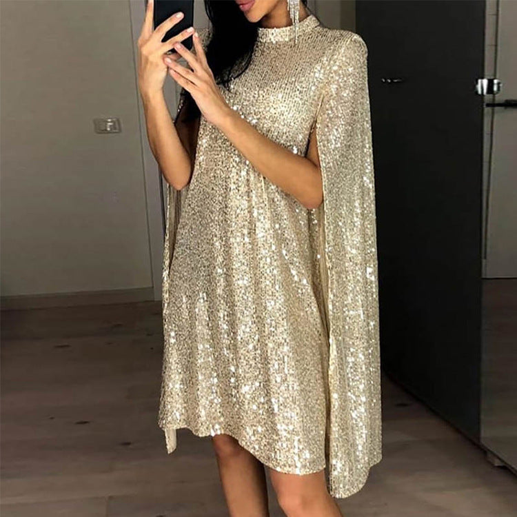 Sequin Cape Sleeve High Neck Swing Dress - Gold - 1