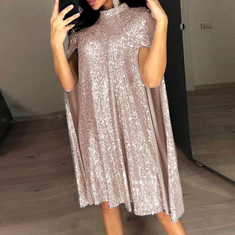Sequin Cape Sleeve High Neck Swing Dress - Rose Gold