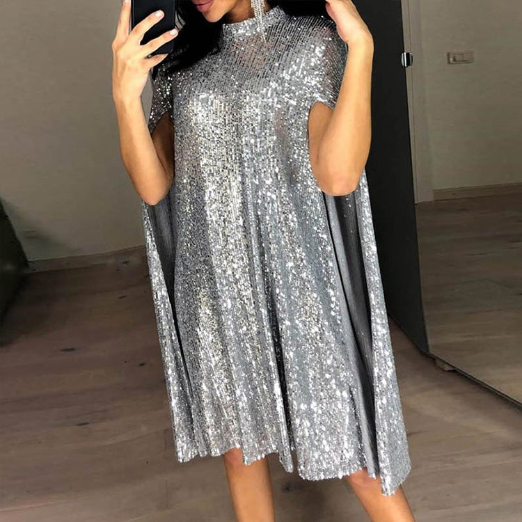 Sequin Cape Sleeve High Neck Swing Dress - Silver