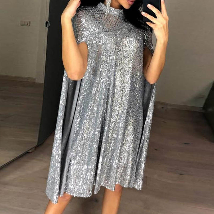Sequin Cape Sleeve High Neck Swing Dress - Silver - 1
