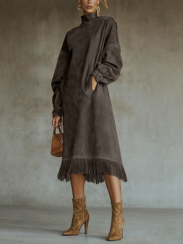 Faux Suede Fringe Hem Midi Shift Dress - Espresso