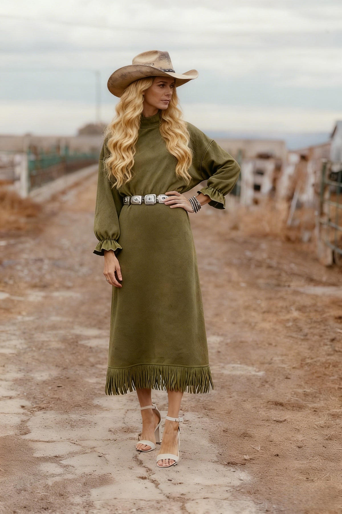 Faux Suede Fringe Hem Midi Shift Dress - Olive