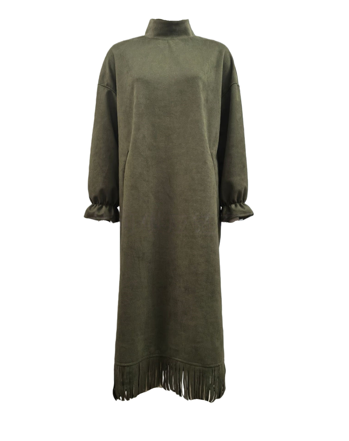 Faux Suede Fringe Hem Midi Shift Dress - Olive - 1
