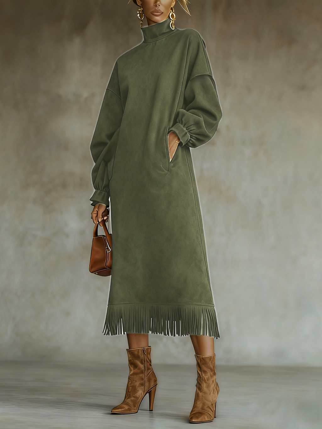 Faux Suede Fringe Hem Midi Shift Dress - Olive - 3
