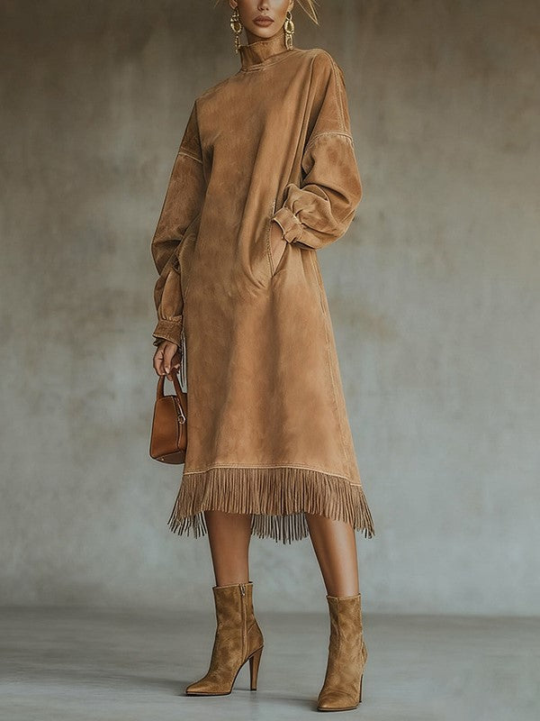 Faux Suede Fringe Hem Midi Shift Dress - khaki
