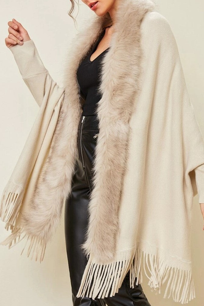 Fringed Cape Cardigan With Fur Trim - Beige