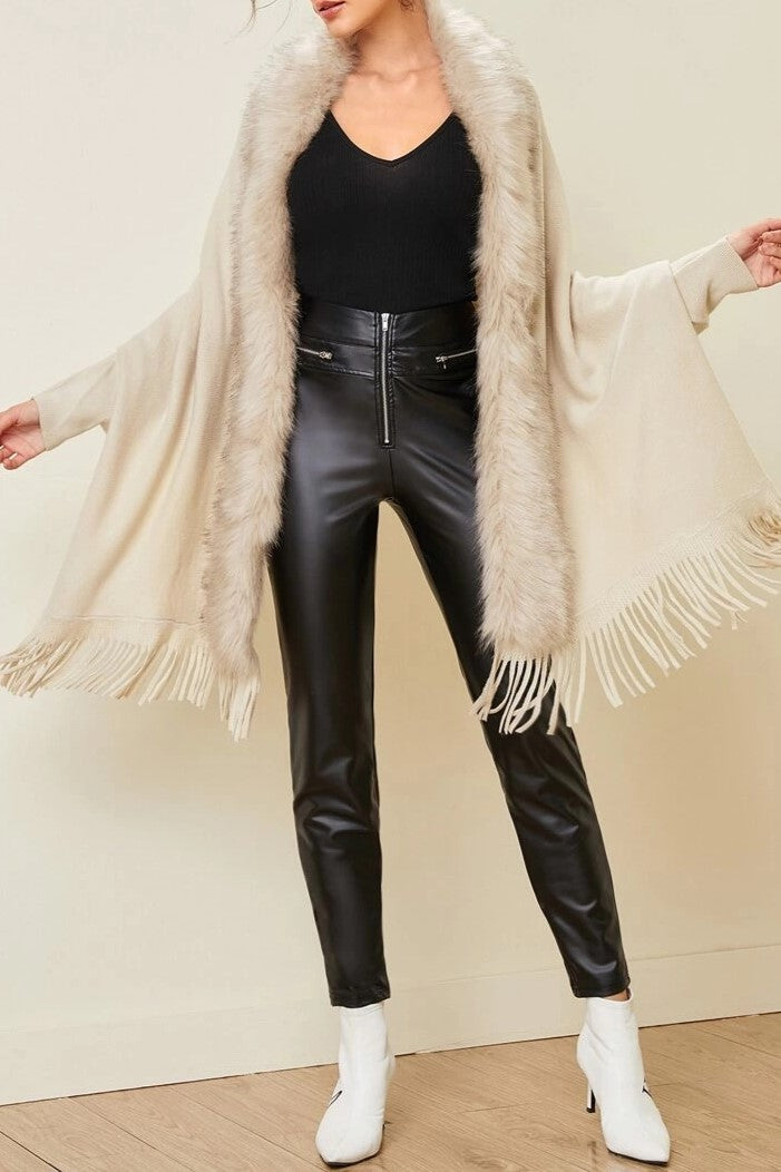 Fringed Cape Cardigan With Fur Trim - Beige - 3