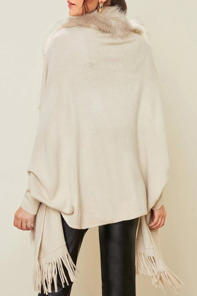 Fringed Cape Cardigan With Fur Trim - Beige - 4
