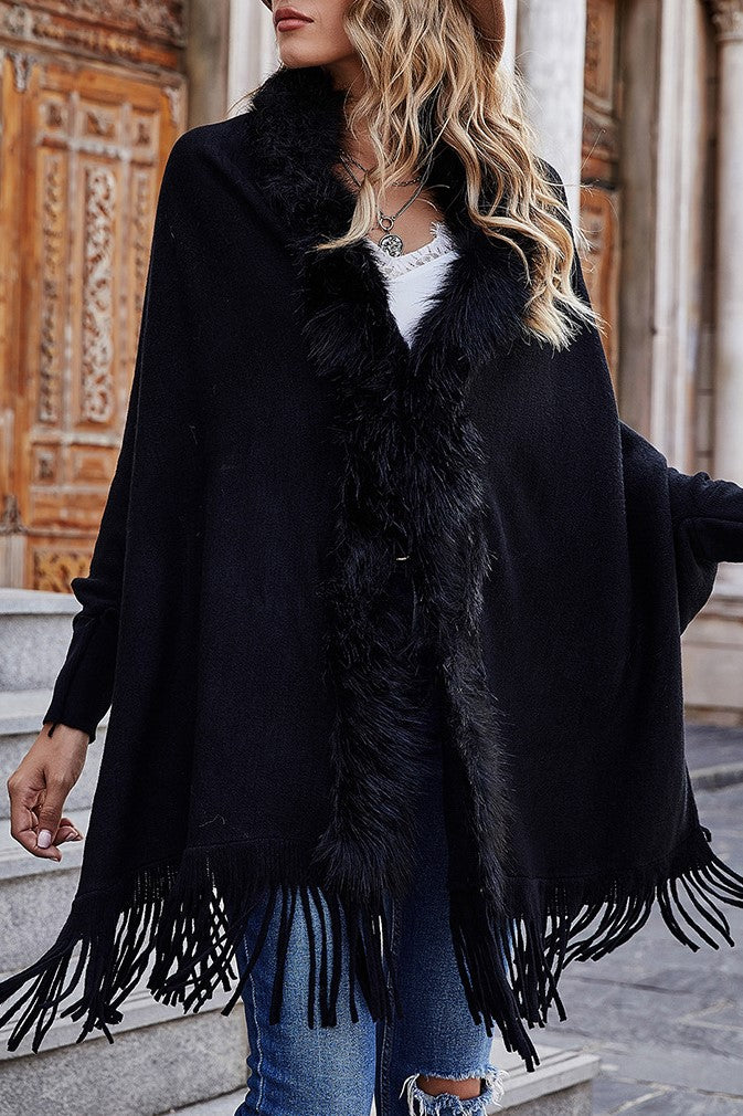 Fringed Cape Cardigan With Fur Trim - Black