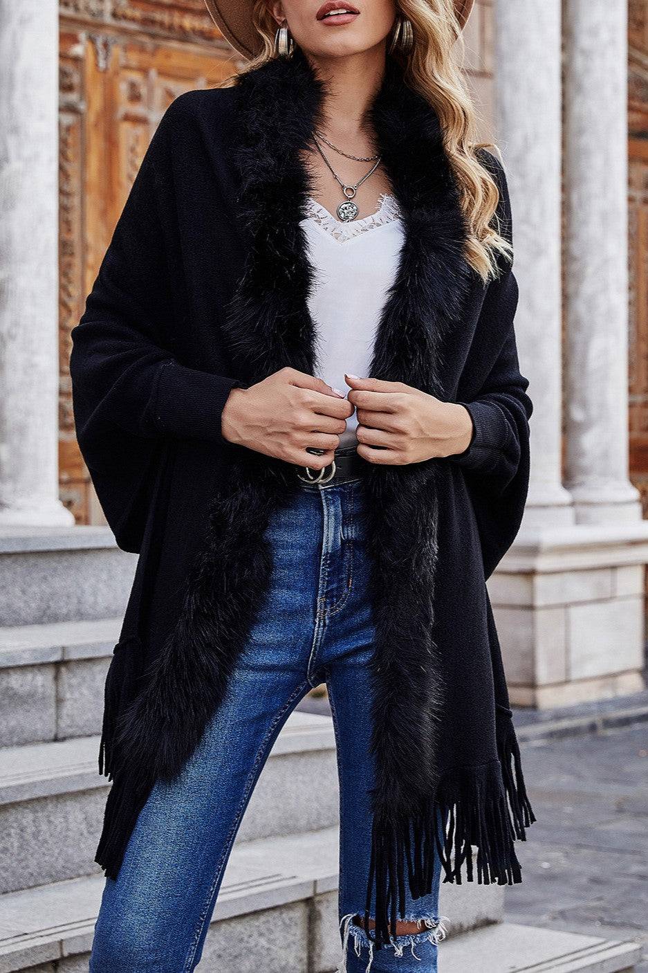 Fringed Cape Cardigan With Fur Trim - Black - 1
