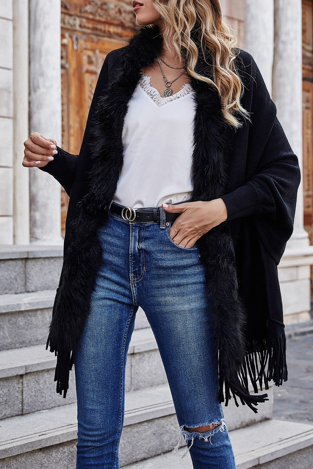 Fringed Cape Cardigan With Fur Trim - Black - 4