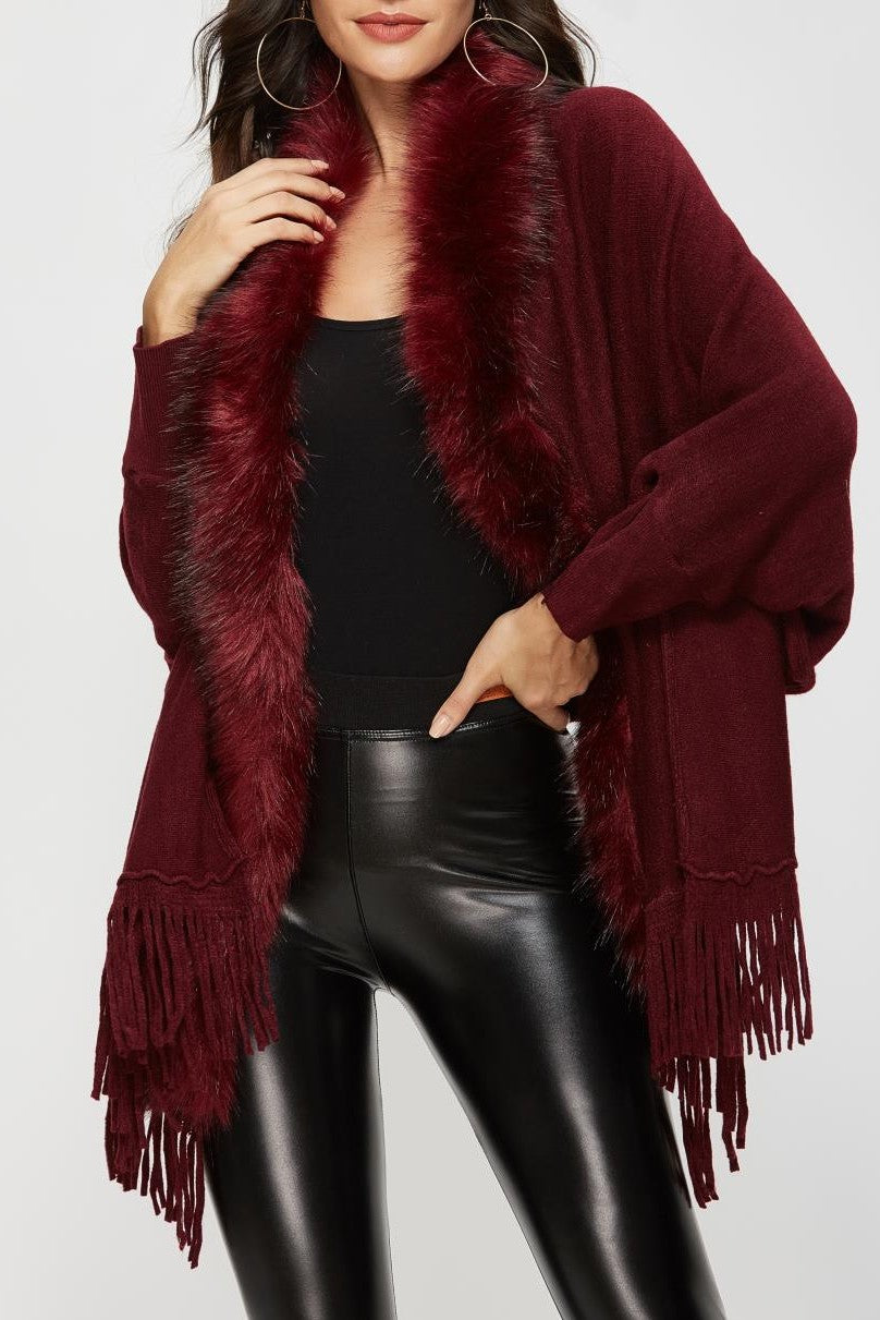 Fringed Cape Cardigan With Fur Trim - Burgundy