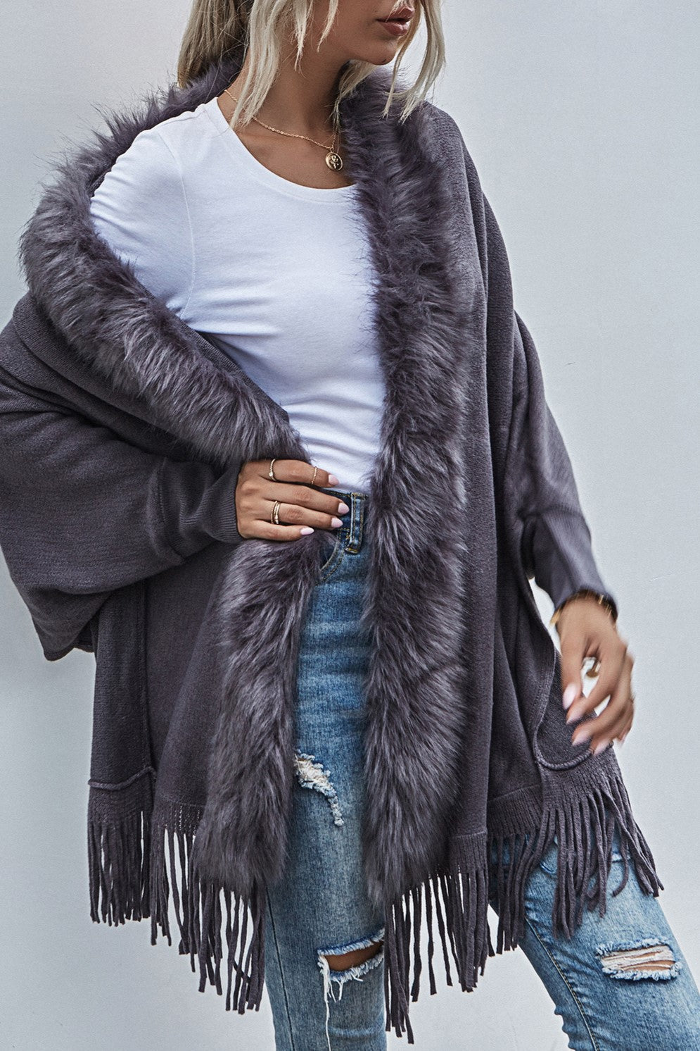 Fringed Cape Cardigan With Fur Trim - Grey