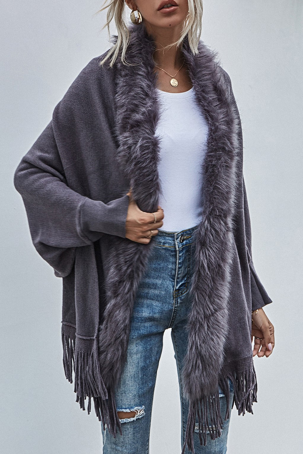 Fringed Cape Cardigan With Fur Trim - Grey - 1