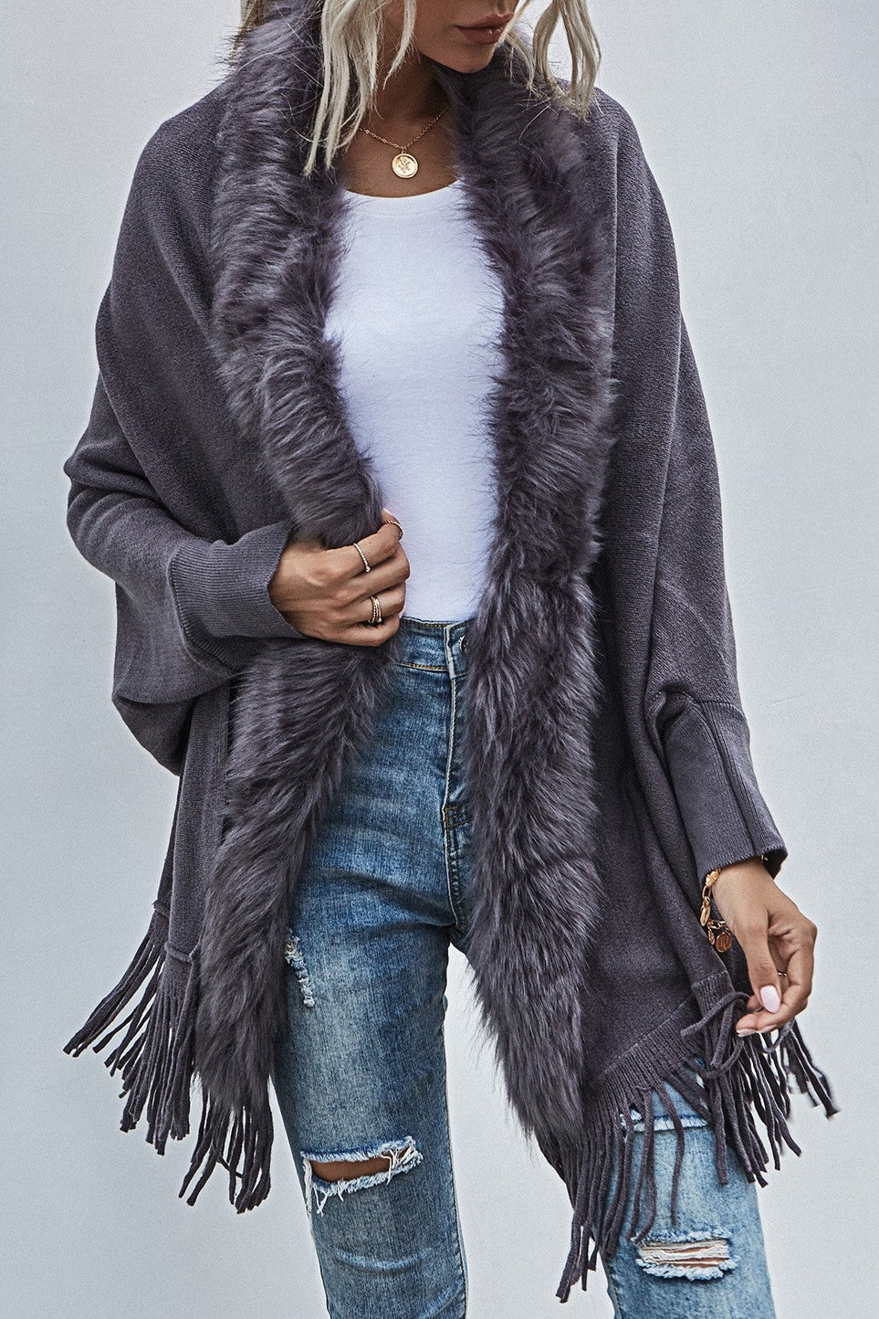 Fringed Cape Cardigan With Fur Trim - Grey - 2