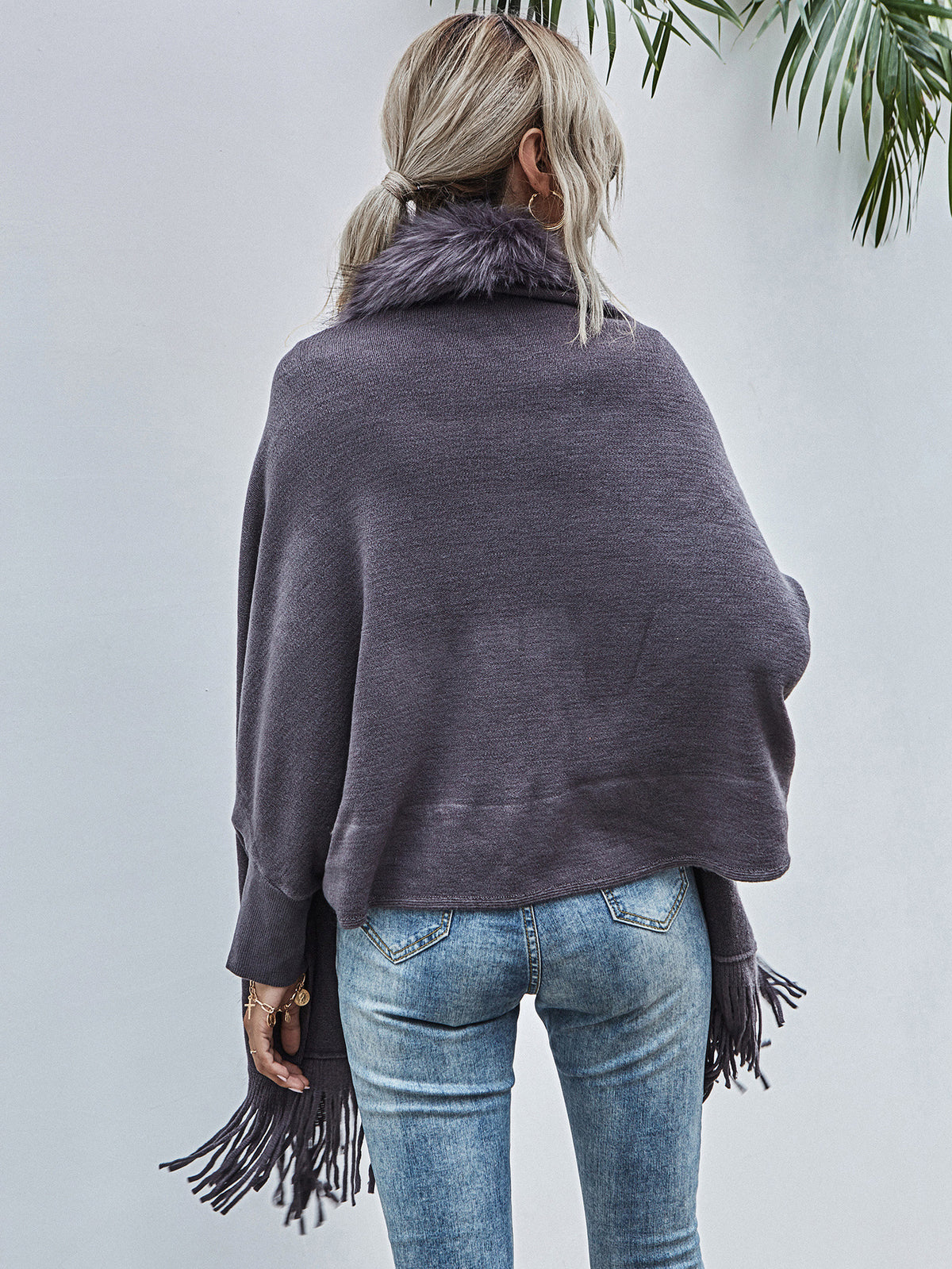 Fringed Cape Cardigan With Fur Trim - Grey - 3