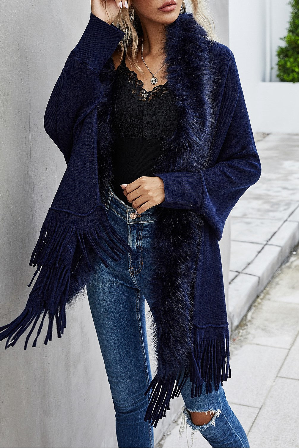 Fringed Cape Cardigan With Fur Trim - Navy