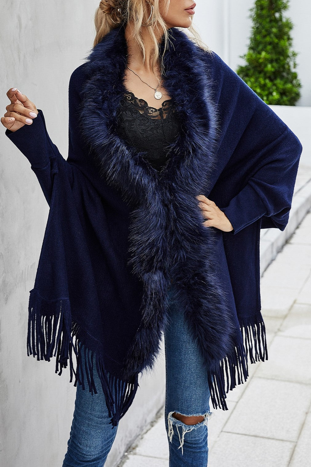 Fringed Cape Cardigan With Fur Trim - Navy - 1