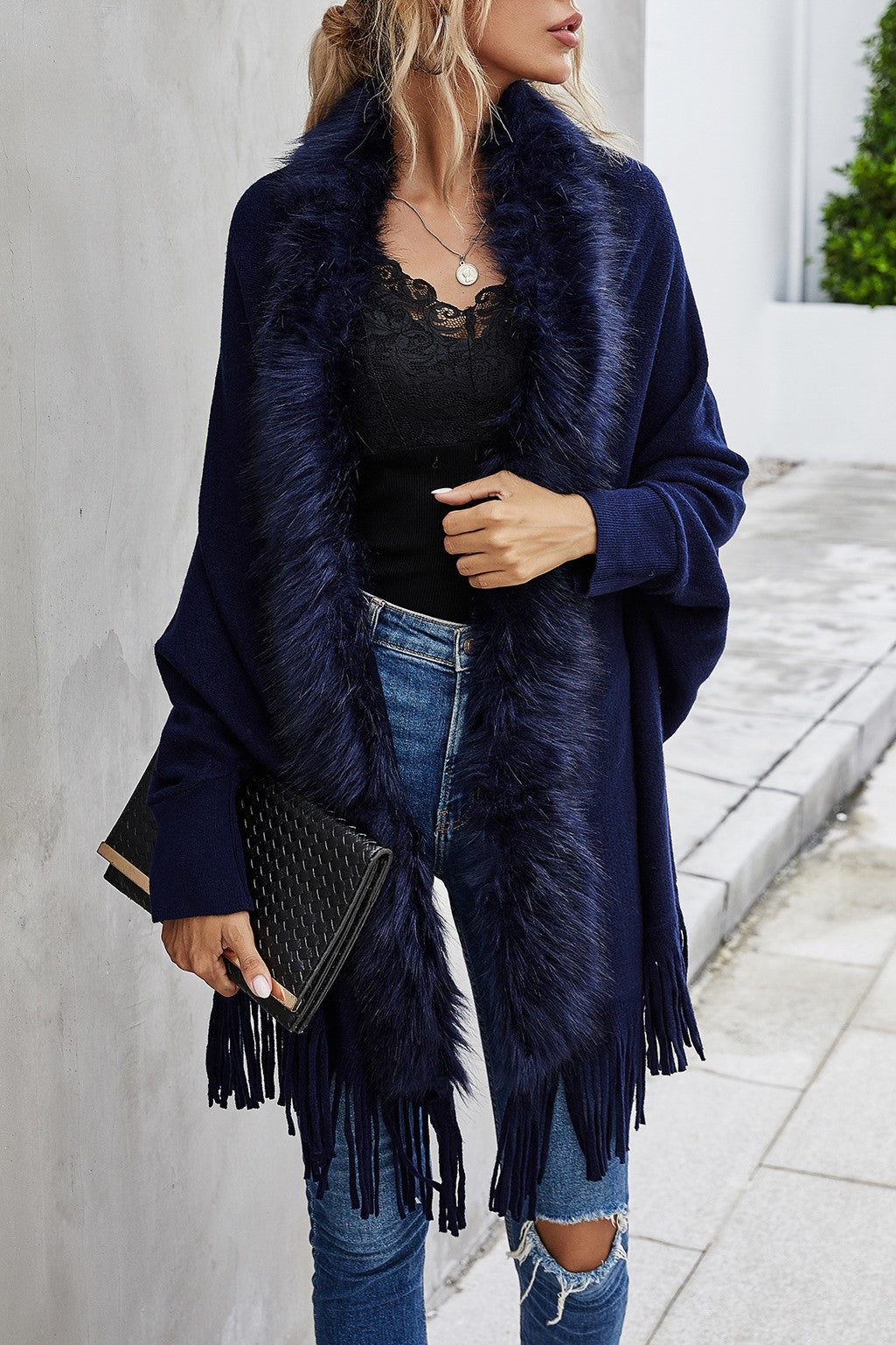 Fringed Cape Cardigan With Fur Trim - Navy - 2