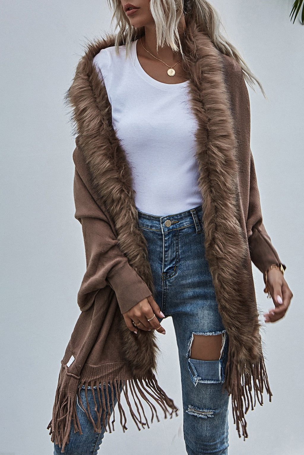 Fringed Cape Cardigan With Fur Trim - coffee