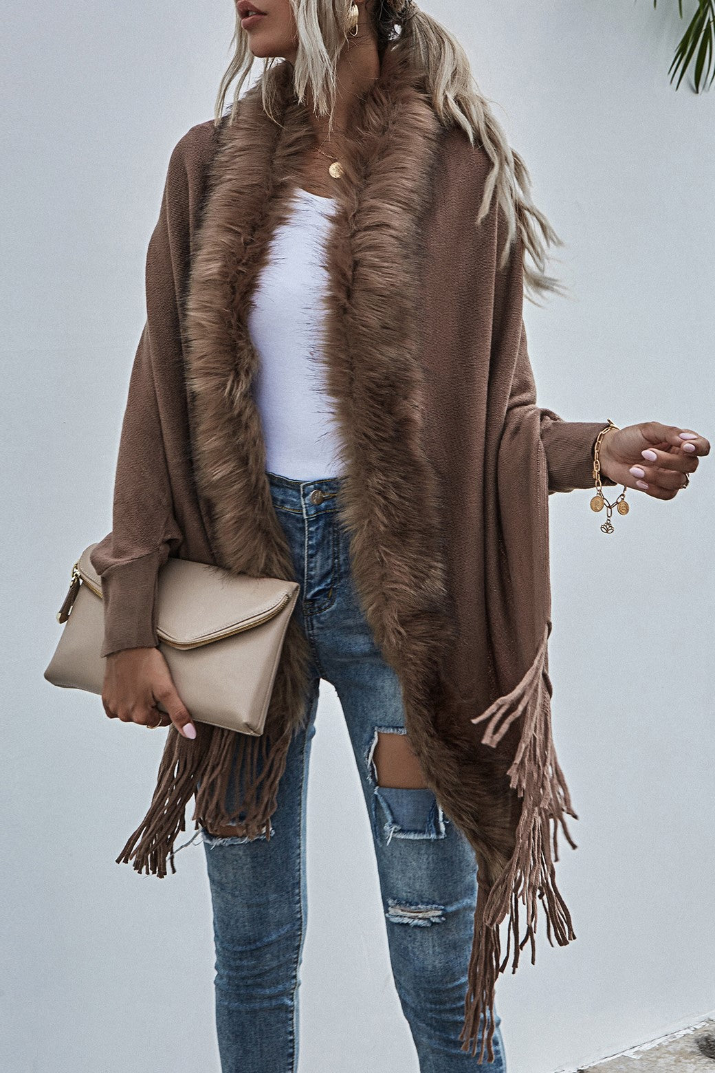 Fringed Cape Cardigan With Fur Trim - coffee - 1