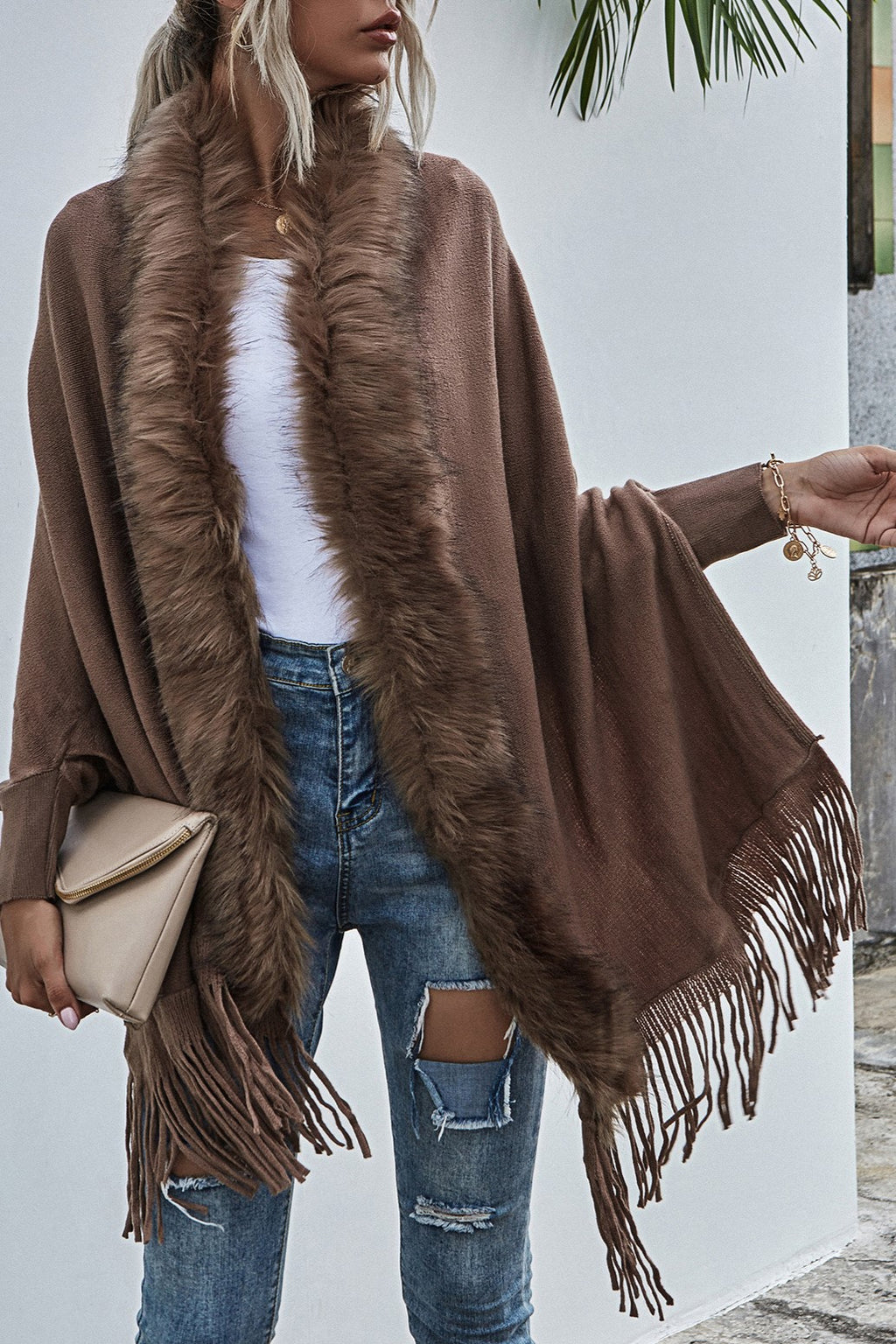 Fringed Cape Cardigan With Fur Trim - coffee - 2