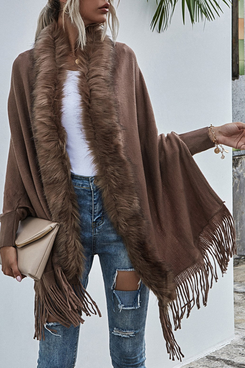 Fringed Cape Cardigan With Fur Trim - coffee - 2