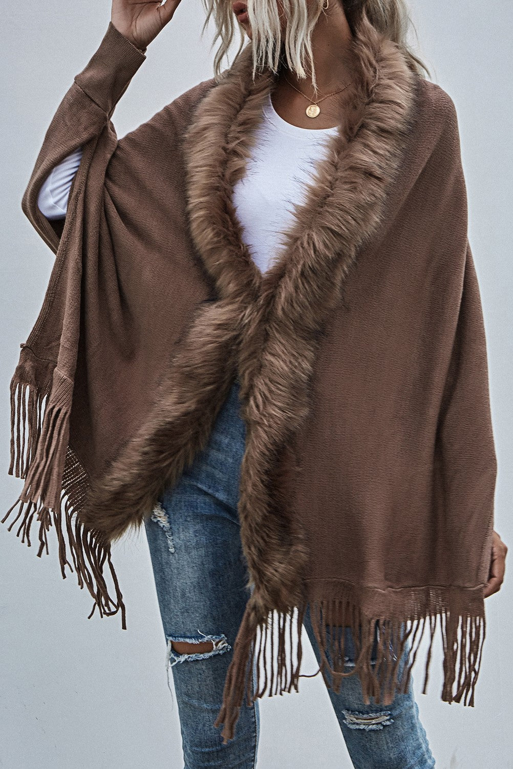 Fringed Cape Cardigan With Fur Trim - coffee - 3