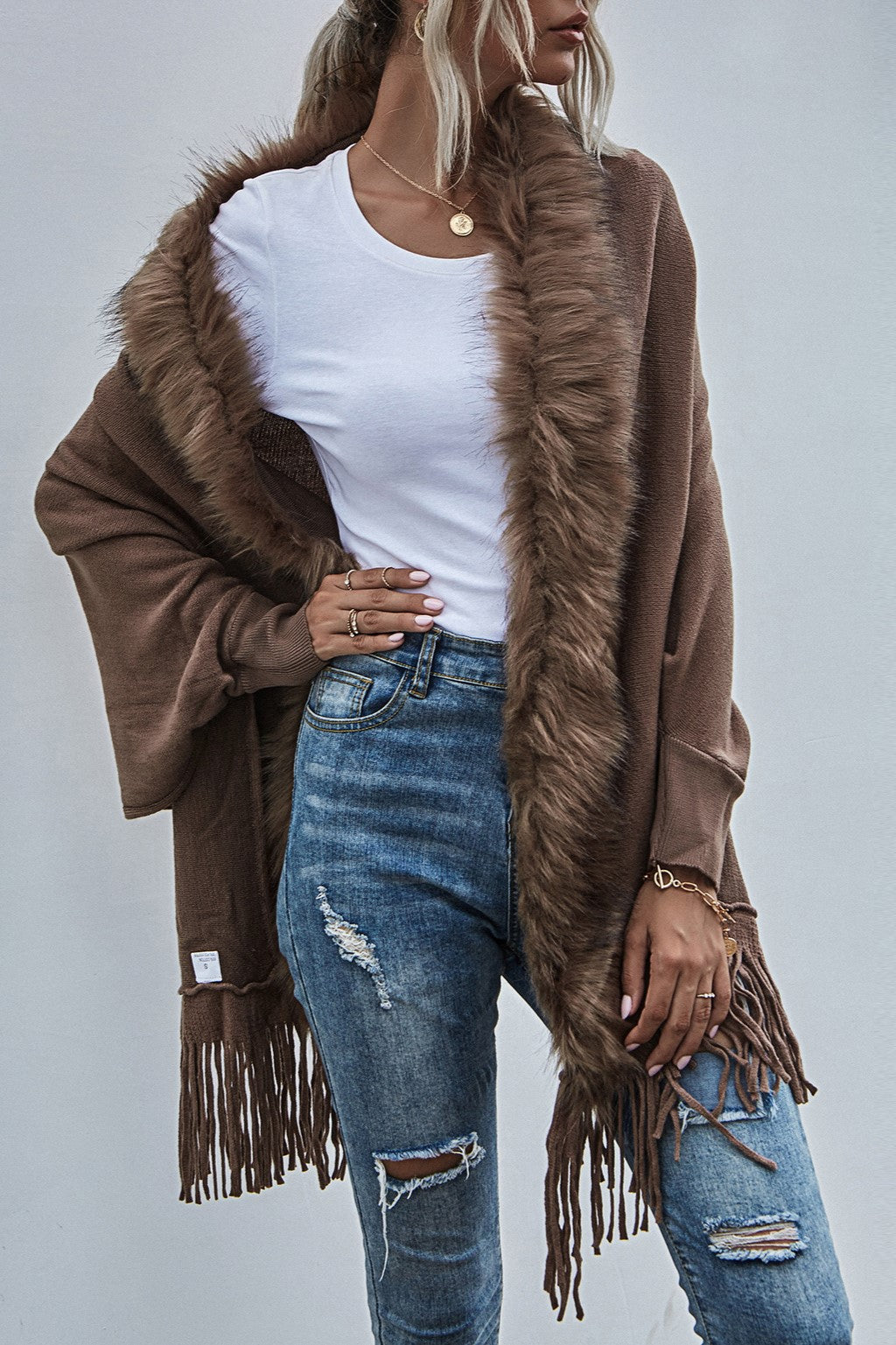 Fringed Cape Cardigan With Fur Trim - coffee - 4