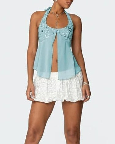 Sequin Bust Halter Neck Chiffon Tank Top - Blue