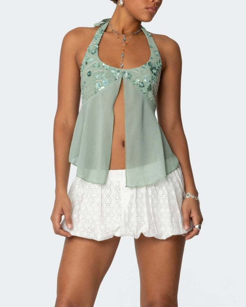 Sequin Bust Halter Neck Chiffon Tank Top - Green - 1