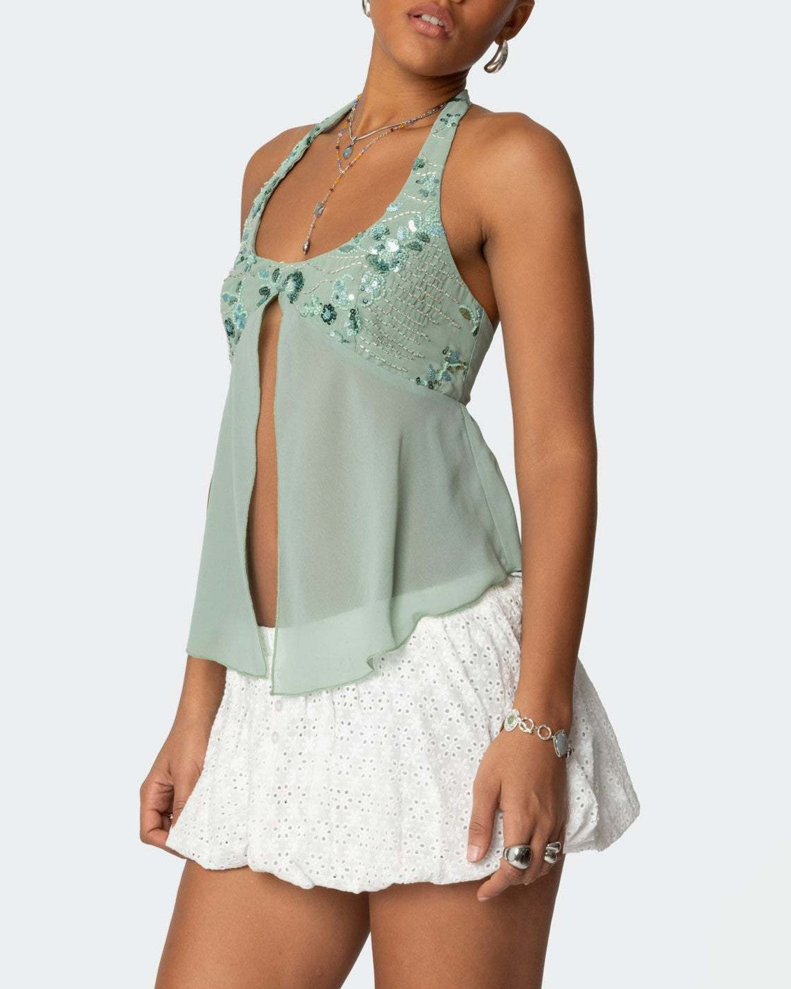 Sequin Bust Halter Neck Chiffon Tank Top - Green - 2