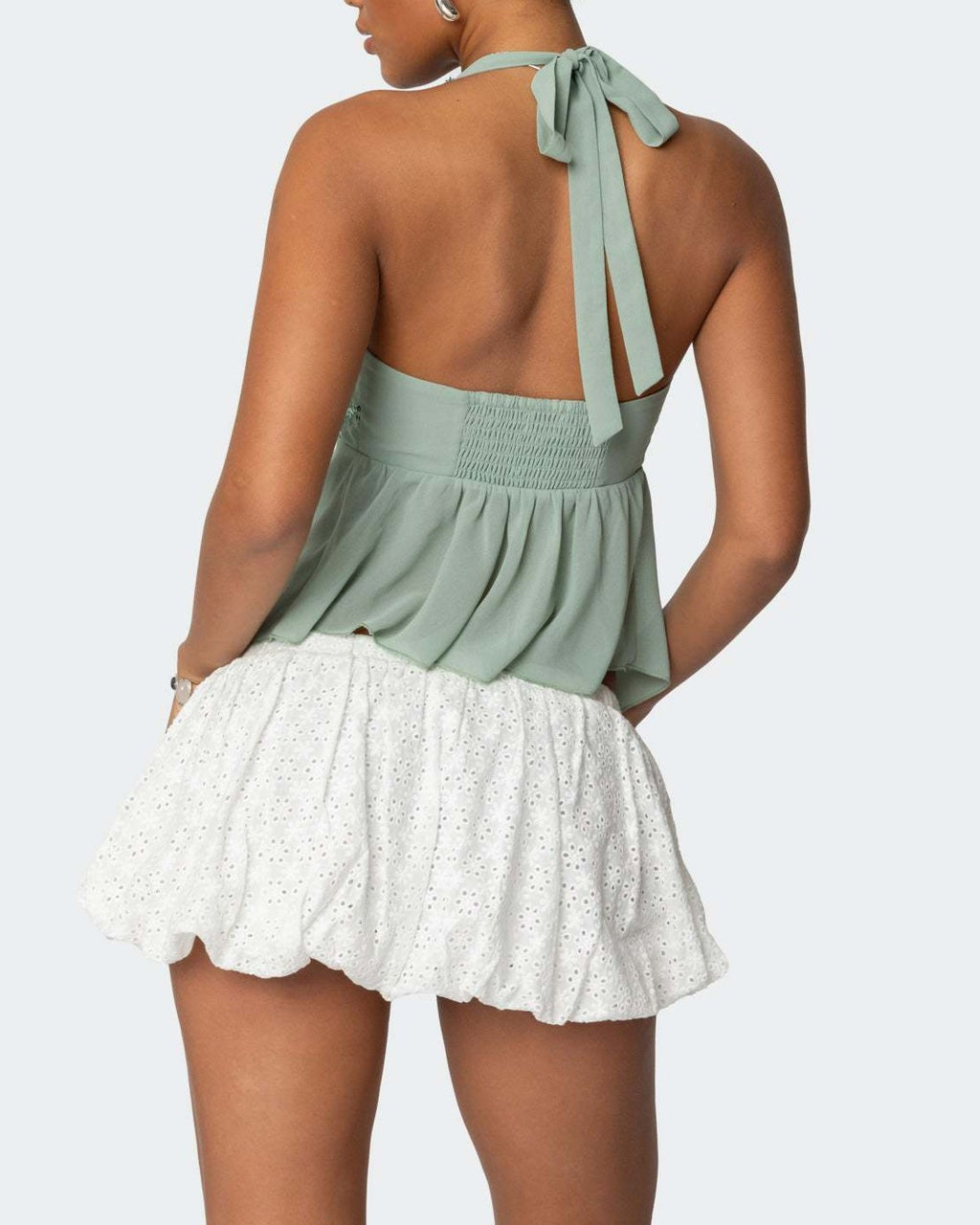 Sequin Bust Halter Neck Chiffon Tank Top - Green - 3