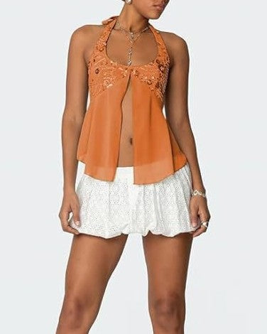 Sequin Bust Halter Neck Chiffon Tank Top - Orange