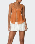 Sequin Bust Halter Neck Chiffon Tank Top - Orange