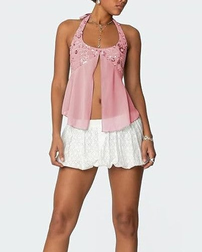 Sequin Bust Halter Neck Chiffon Tank Top - Pink
