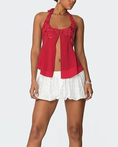 Sequin Bust Halter Neck Chiffon Tank Top - Red