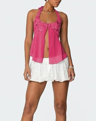 Sequin Bust Halter Neck Chiffon Tank Top - Rose-Red