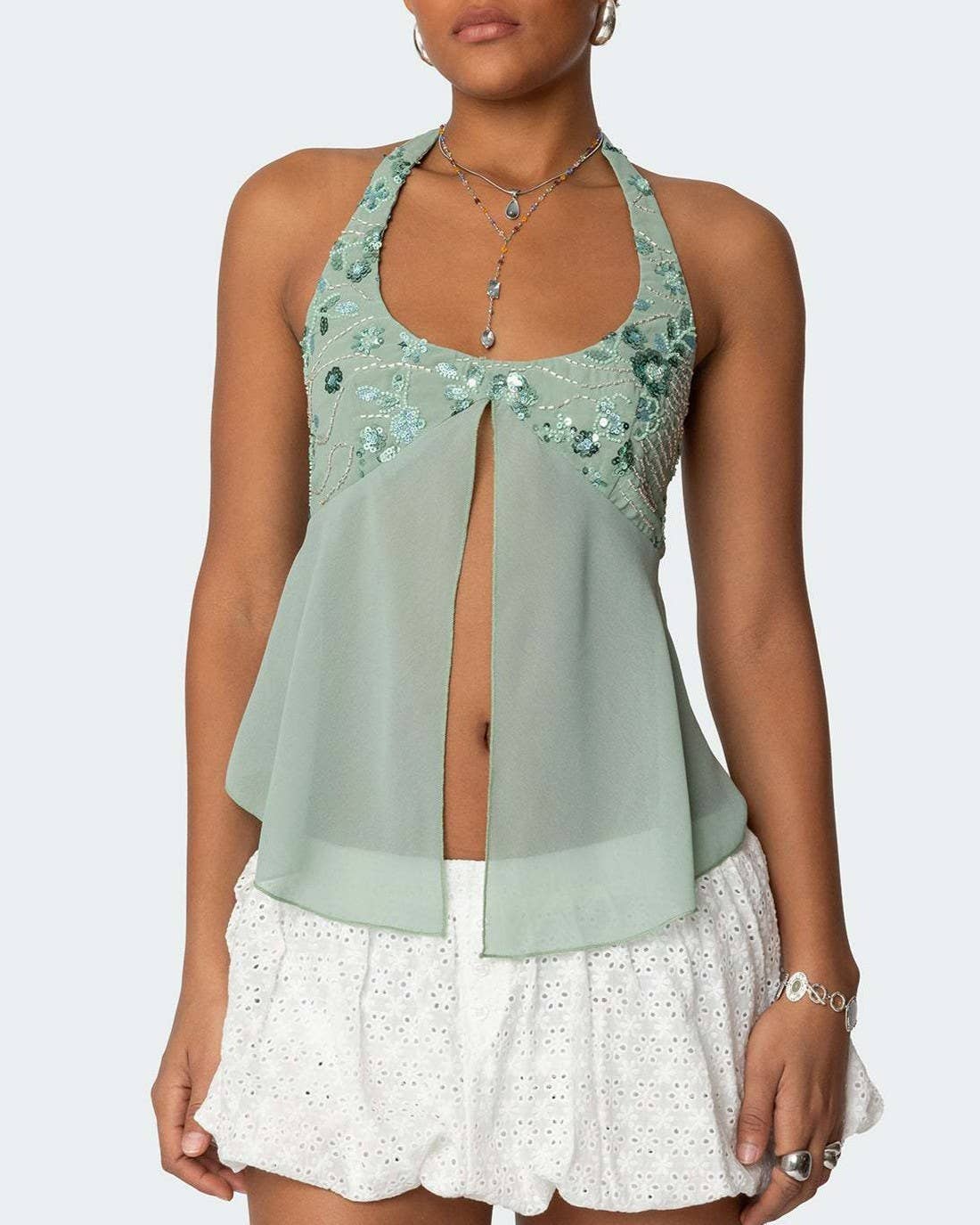 Sequin Bust Halter Neck Chiffon Tank Top