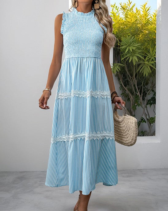 Lace Bodice Striped Tiered Maxi Dress - Blue