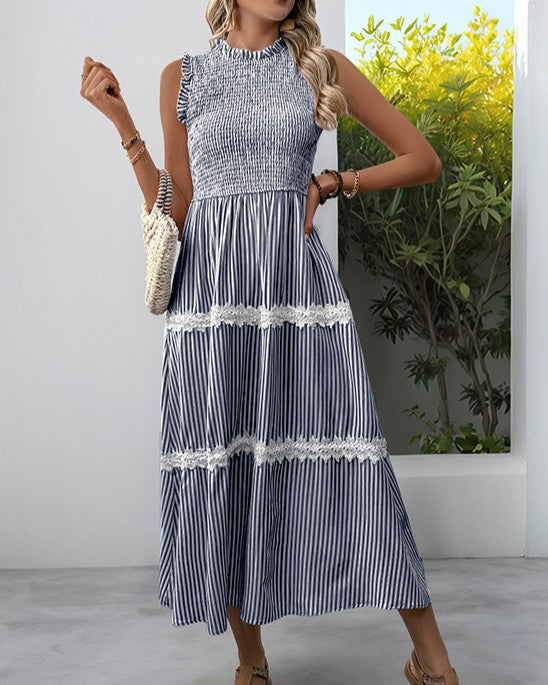 Lace Bodice Striped Tiered Maxi Dress - Dark-Blue - 1