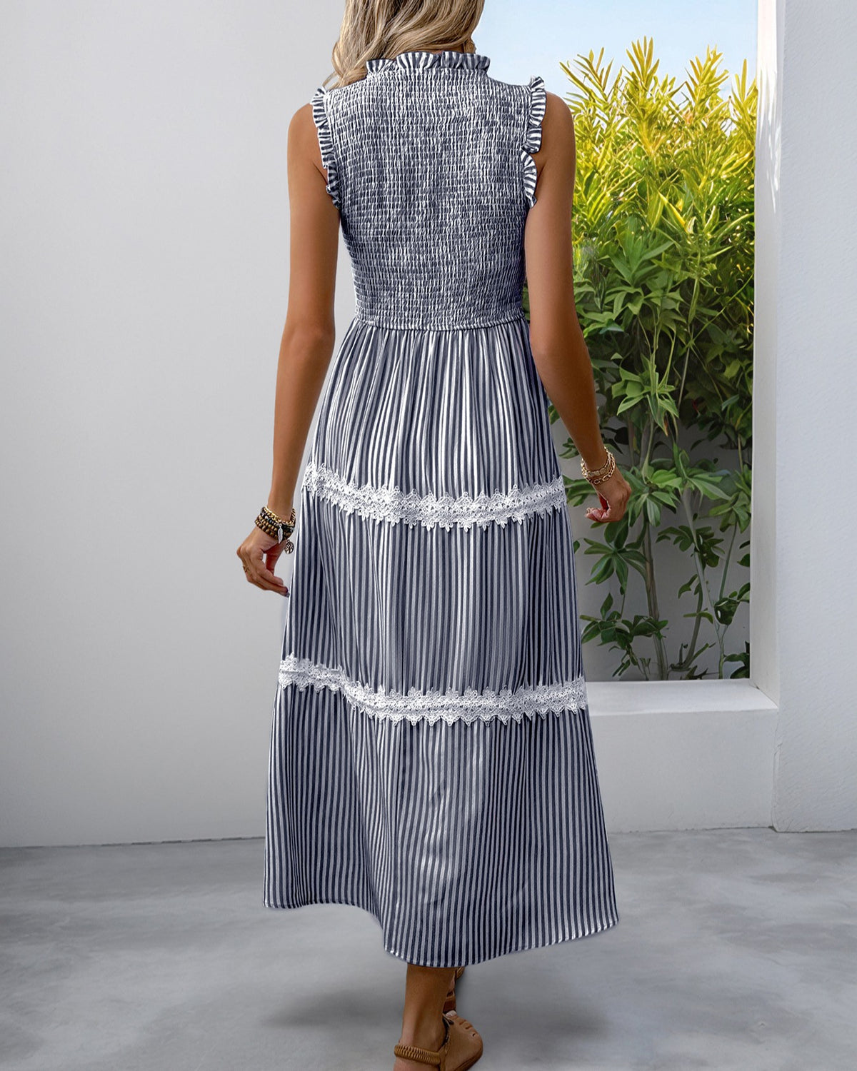 Lace Bodice Striped Tiered Maxi Dress - Dark-Blue - 2