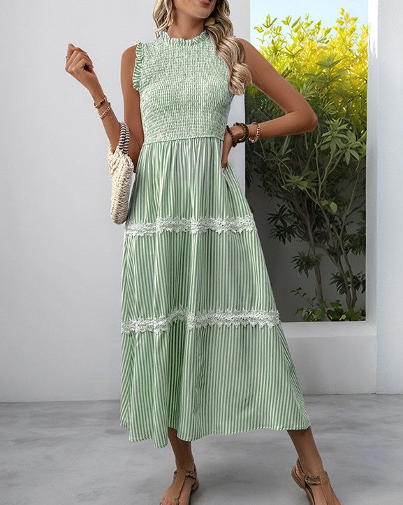 Lace Bodice Striped Tiered Maxi Dress - Green